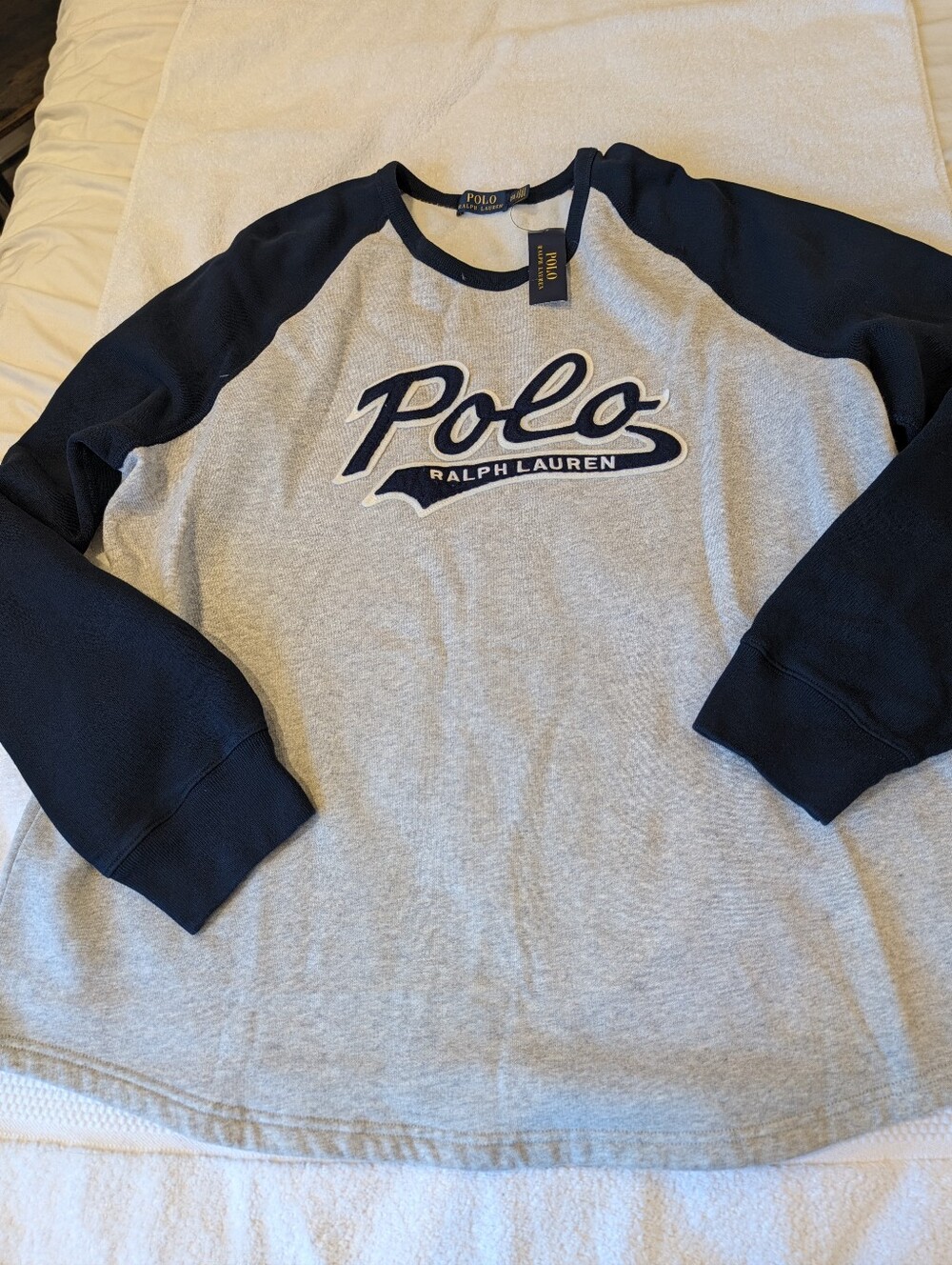 NWT Polo Ralph Lauren Script Logo Raglan Sweatshirt Fleece Grey Navy XXL